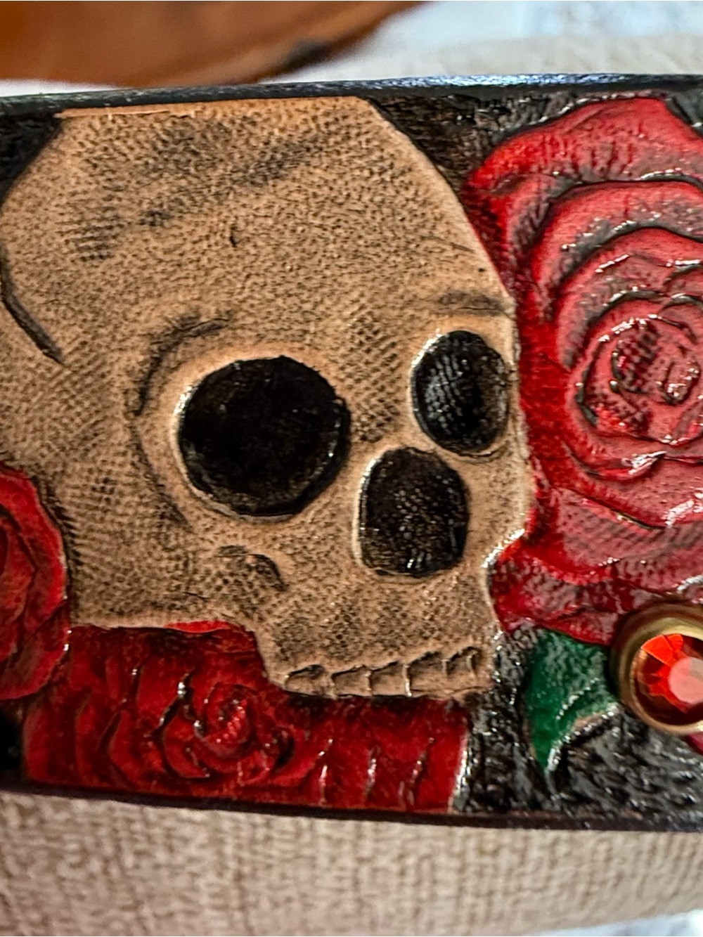 Skull & Red Rose Leather Dog Collar - Gothic Style